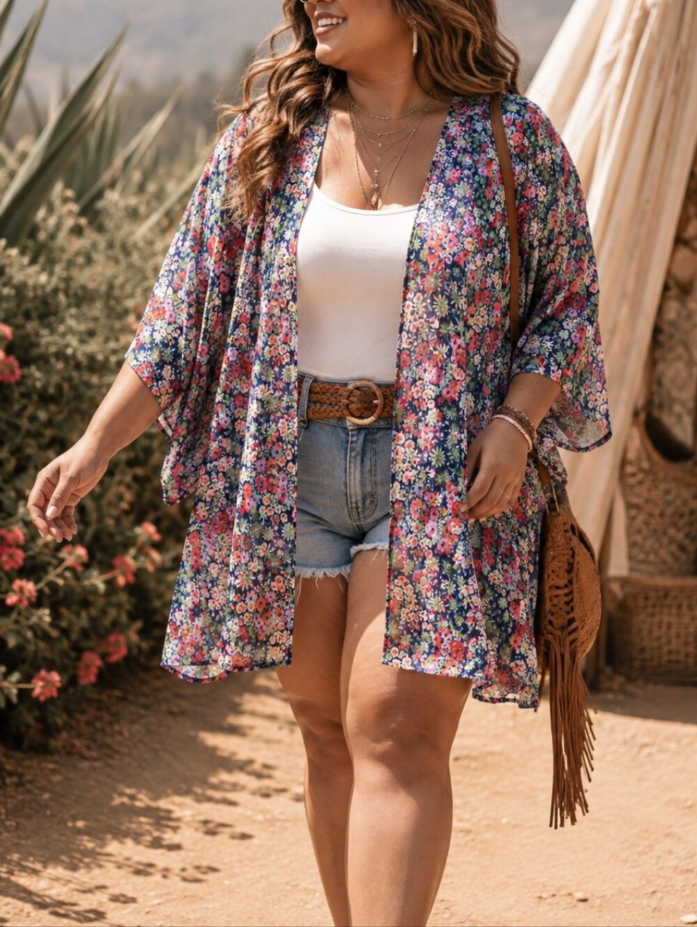 Cyrus Navy Floral Sheer Kimono Cardigan | Coral Mint Open Front Lightweight Boho